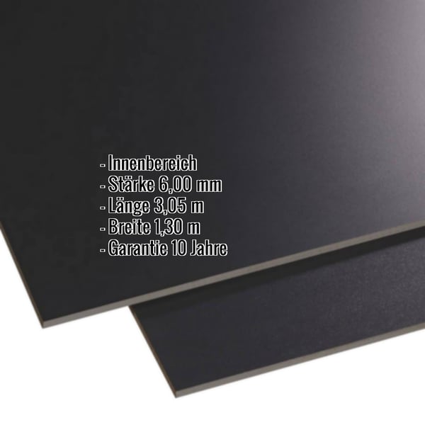 HPL Platte Innen 6 mm schwarz mit eingeblendeten Eckdaten zu Stärke, Länge, Breite und Garantie