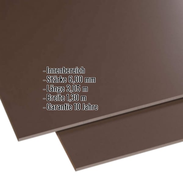 HPL Platte 6 mm Braun, Scobalit, mit eingeblendeten Eckdaten zu Staerke, Laenge, Breite und Garantie