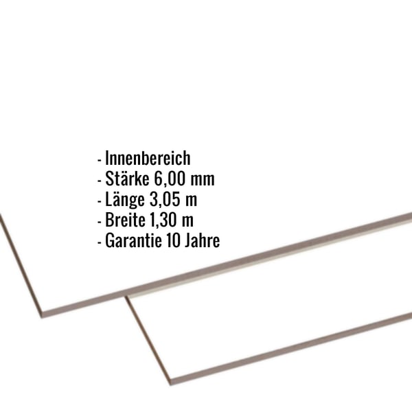 HPL Platte Reinweiß 6 mm mit eingeblendeten Eckdaten zu Innenbereich, Stärke, Länge, Breite und Garantie