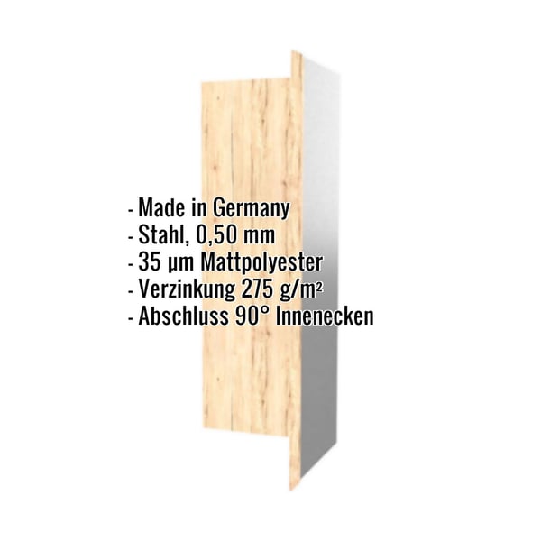 Innenecke Ahorn 0,50 mm Stahl mit 35 µm Mattpolyester Beschichtung, Eckdaten eingeblendet