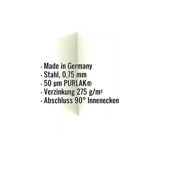 Innenecke Grauweiß RAL 9002 aus Stahl 0,75 mm mit 50 µm PURLAK Beschichtung, Eckdaten eingeblendet