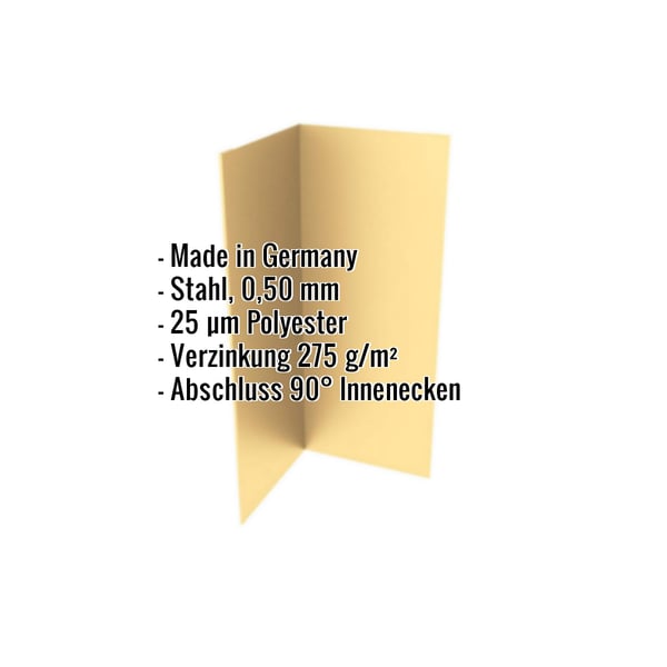 Innenecke sandgelb RAL 1002, Stahl 0,50 mm, Polyester 25 µm, mit eingeblendeten Eckdaten