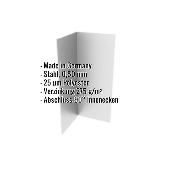 Innenecke aus Stahl, Weißaluminium RAL 9006, 0,50 mm, mit eingeblendeten Eckdaten