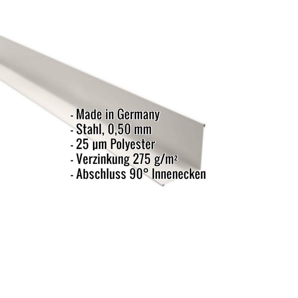 Innenecke aus Stahl, Reinweiß (RAL 9010), 0,50 mm Stärke, mit eingeblendeten Eckdaten