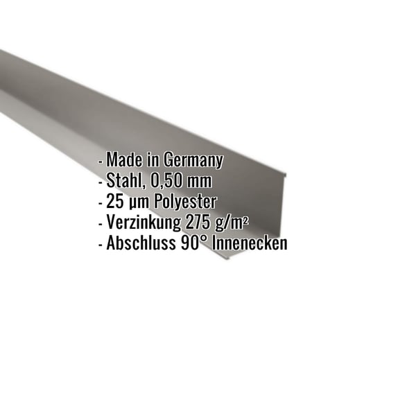 Innenecke Graualuminium RAL 9007, Stahl 0,50 mm, 25 µm Polyesterbeschichtung, Eckdaten eingeblendet