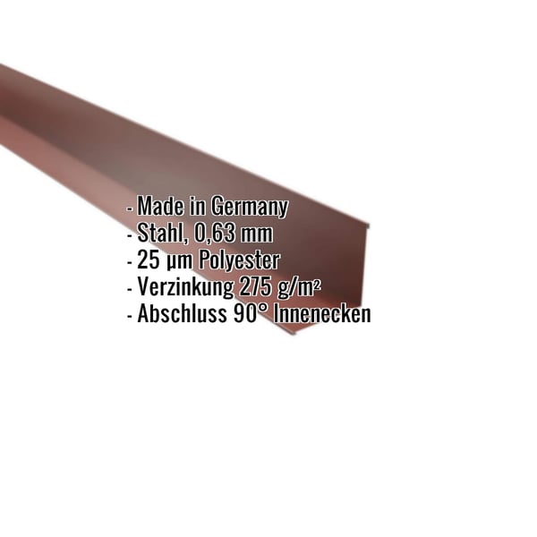 Innenecke Stahl 0,63 mm Rotbraun RAL 8012, 25 µm Polyesterbeschichtung, Eckdaten eingeblendet