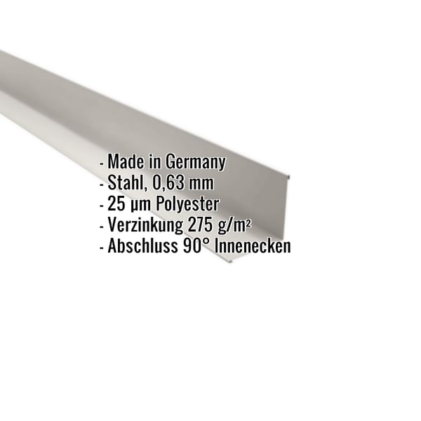 Innenecke Grauweiß RAL 9002 aus Stahl 0,63 mm mit 25 µm Polyesterbeschichtung, Eckdaten eingeblendet