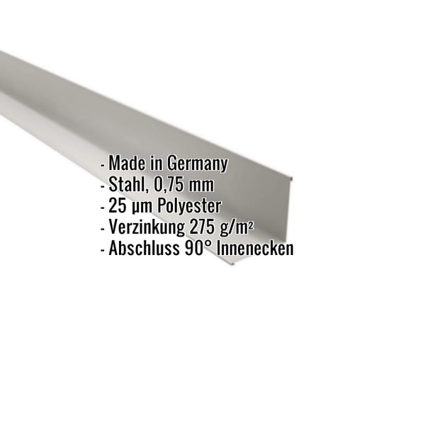 Innenecke aus Stahl, Weißaluminium RAL 9006, mit eingeblendeten Eckdaten zu Material, Stärke und Beschichtung