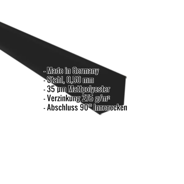 Innenecke aus schwarzem Stahl, 0,50 mm, mit 35 µm Mattpolyester-Beschichtung, Eckdaten eingeblendet