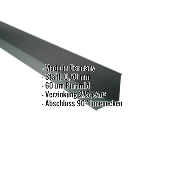 Innenecke aus moosgrünem Stahl, 0,50 mm, Puramid beschichtet, mit eingeblendeten Produktdetails