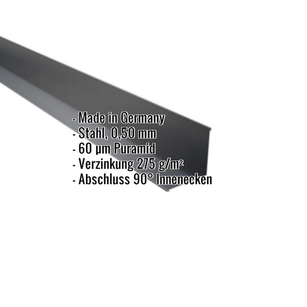 Innenecke Stahl Anthrazitgrau 0,50 mm mit Puramid-Beschichtung und eingeblendeten Produktdaten