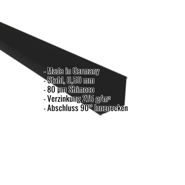 Innenecke Tiefschwarz RAL 9005 aus Stahl 0,50 mm mit 80 µm Shimoco Beschichtung, Eckdaten eingeblendet