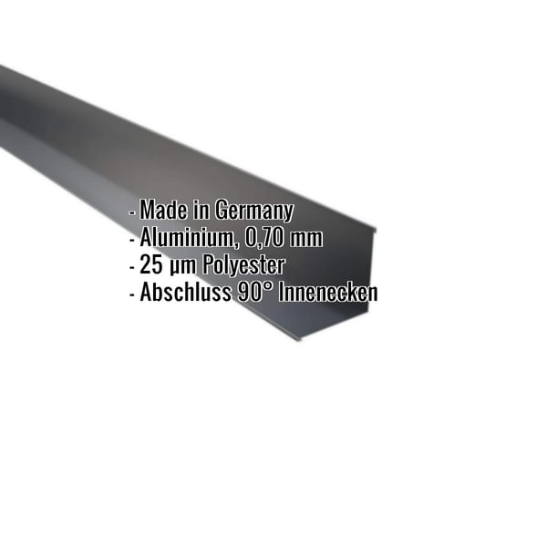 Innenecke Aluminium Anthrazitgrau RAL 7016 mit eingeblendeten Eckdaten zu Material, Staerke und Beschichtung