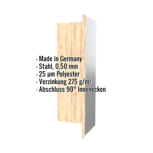 Innenecke aus Stahl, Ahorn, 0,50 mm, mit eingeblendeten Eckdaten zu Material und Beschichtung