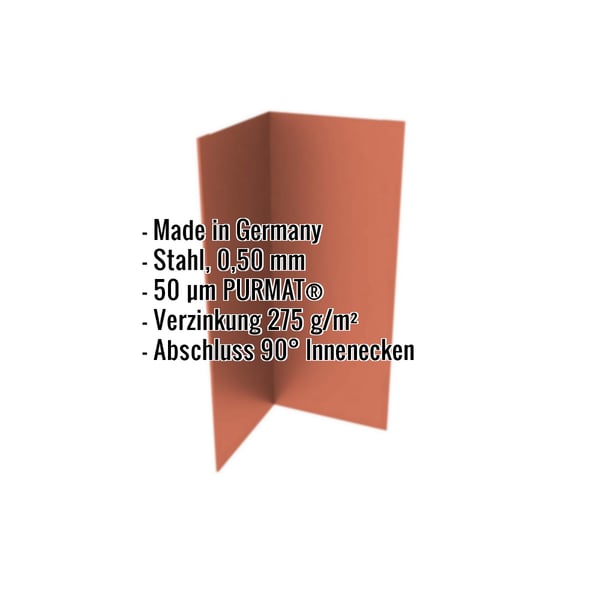 Innenecke Ziegelrot, Stahl 0,50 mm, 50 µm PURMAT, Verzinkung 275 g/m², Abschluss 90° Innenecken, Infografik