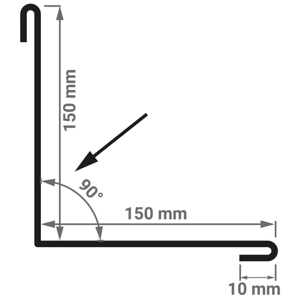 Technische Zeichnung der Innenecke mit 90 Grad Winkel und Massen 150 mm x 150 mm