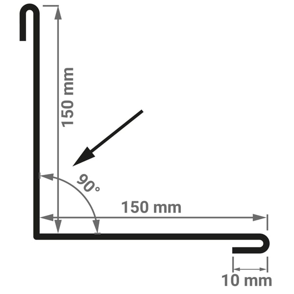Technische Zeichnung der Innenecke mit Massen 150 mm x 150 mm und 90 Grad Winkel