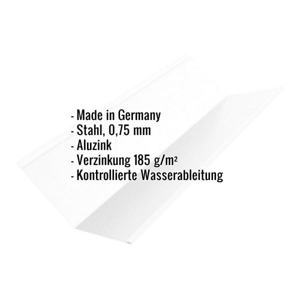 Kehlblech Aluzink, 0,75 mm Stahl, mit eingeblendeten Eckdaten zu Material und Beschichtung
