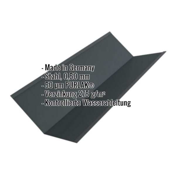 Kehlblech aus anthrazitgrauem Stahl, 0,50 mm, PURLAK-Beschichtung, mit eingeblendeten Produktmerkmalen