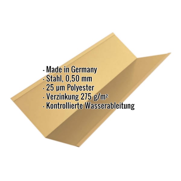 Kehlblech sandgelb RAL 1002 mit Polyesterbeschichtung, Eckdaten wie Material und Staerke eingeblendet