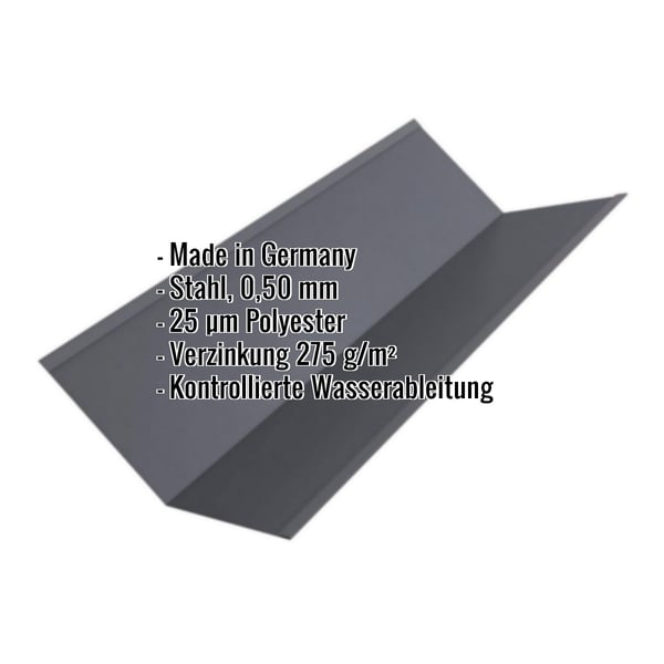 Kehlblech aus graphitgrauem Stahl, 0,50 mm, mit Polyesterbeschichtung und eingeblendeten Eckdaten