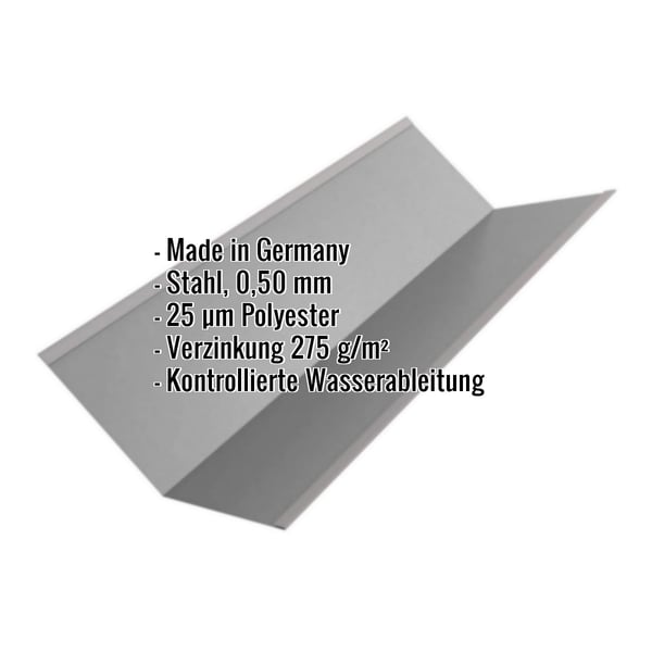 Kehlblech Graualuminium (RAL 9007) aus Stahl, 0,50 mm, mit Polyesterbeschichtung und eingeblendeten Eckdaten