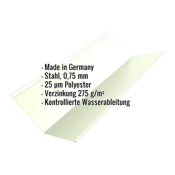 Kehlblech aus grauweißem Stahl, 0,75 mm, mit Polyesterbeschichtung und eingeblendeten Produktdaten