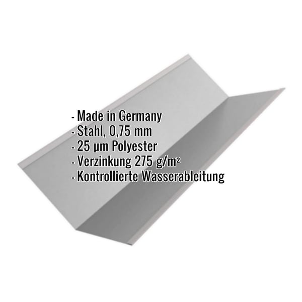 Kehlblech Stahl 0,75 mm Weißaluminium RAL 9006 mit eingeblendeten Eckdaten