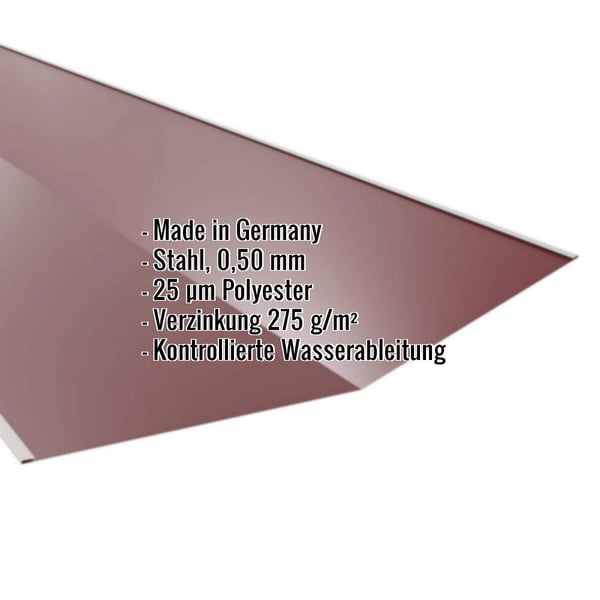 Kehlblech Weinrot RAL 3005, 0,50 mm Stahl, mit eingeblendeten Eckdaten Made in Germany, 25 µm Polyester