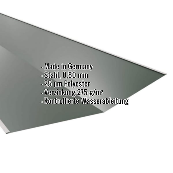 Kehlblech Stahl 0,50 mm Chromoxidgrün mit eingeblendeten Eckdaten