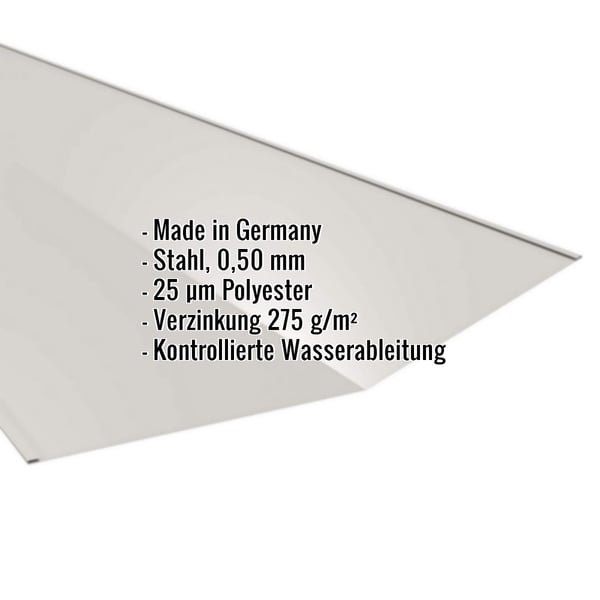 Kehlblech Lichtgrau RAL 7035, 0,50 mm Stahl, mit eingeblendeten Eckdaten zur Beschichtung und Herkunft