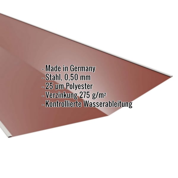 Kehlblech Stahl 0,50 mm Rotbraun RAL 8012 mit 25 µm Polyesterbeschichtung und eingeblendeten Eckdaten