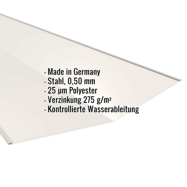 Kehlblech Reinweiß RAL 9010, Stahl 0,50 mm, mit eingeblendeten Eckdaten und Polyesterbeschichtung