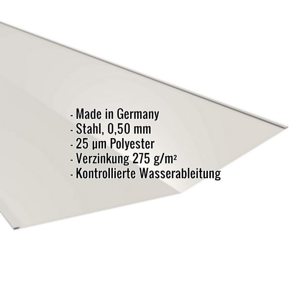 Kehlblech Stahl Grauweiß 0,50 mm mit eingeblendeten Eckdaten wie Material, Staerke und Beschichtung