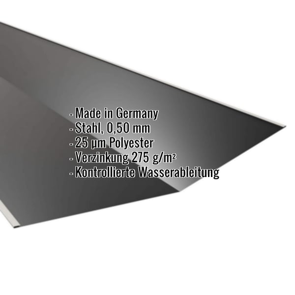 Kehlblech Tiefschwarz RAL 9005, 0,50 mm Stahl, mit eingeblendeten Eckdaten
