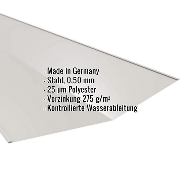 Kehlblech Weißaluminium mit eingeblendeten Eckdaten zu Material, Staerke und Beschichtung