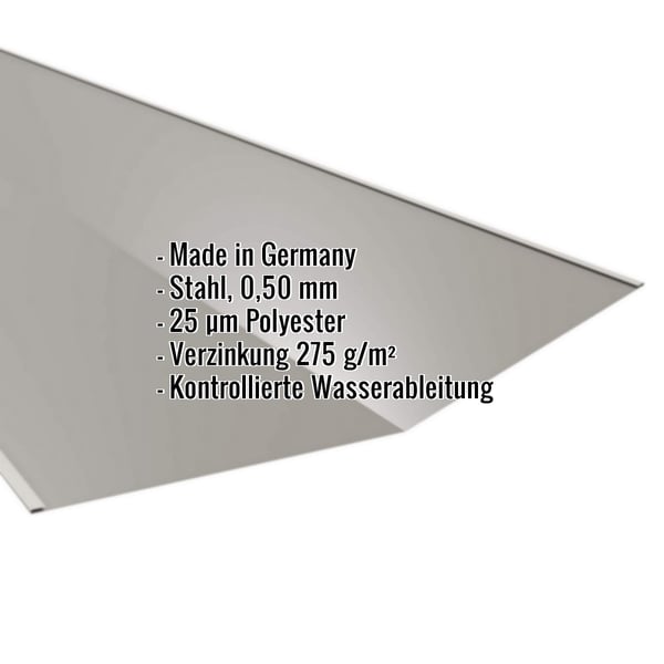 Kehlblech Graualuminium RAL 9007 mit eingeblendeten Eckdaten wie Material, Staerke und Beschichtung