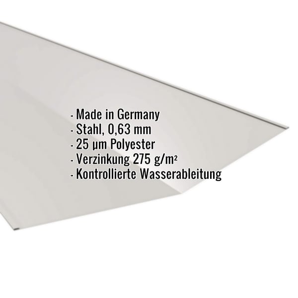 Kehlblech Weißaluminium mit eingeblendeten Eckdaten zu Material, Stärke und Beschichtung