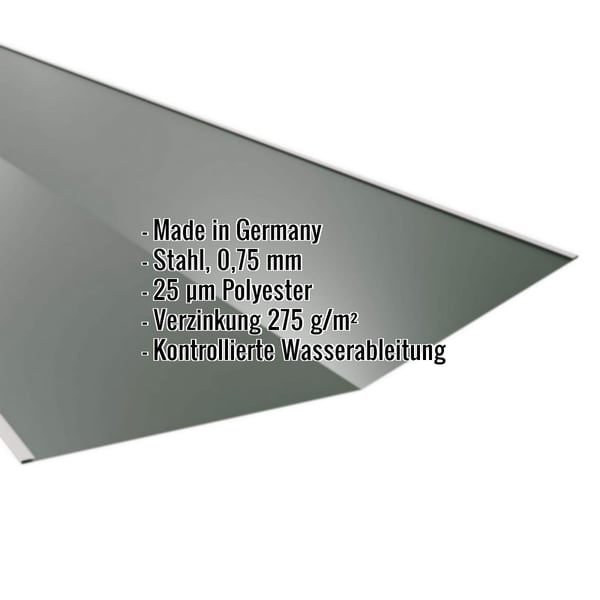 Kehlblech Chromoxidgrün (RAL 6020) aus Stahl 0,75 mm mit 25 µm Polyesterbeschichtung, Eckdaten eingeblendet