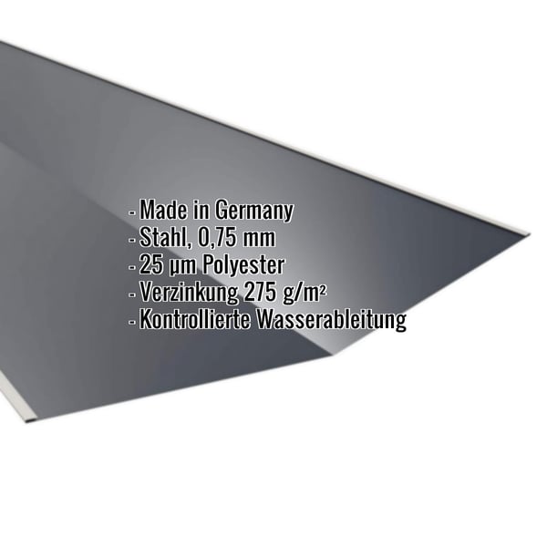Kehlblech Anthrazitgrau RAL 7016, Stahl 0,75 mm, mit eingeblendeten Eckdaten