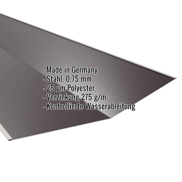 Kehlblech Stahl 0,75 mm schokoladenbraun mit Polyesterbeschichtung, Eckdaten eingeblendet
