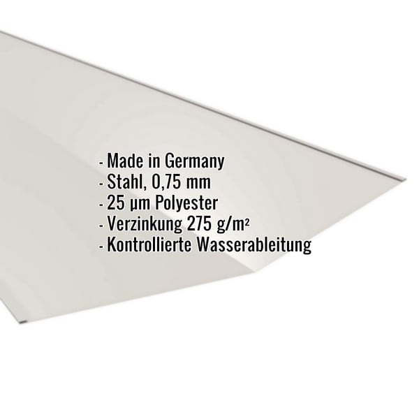 Kehlblech Grauweiß RAL 9002 mit eingeblendeten Eckdaten: Stahl 0,75 mm, 25 µm Polyester, Verzinkung 275 g/m²