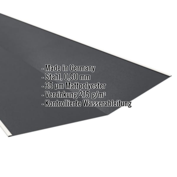 Kehlblech aus Stahl, dunkelgrau (RAL 7024), 0,50 mm, mit Mattpolyester-Beschichtung und eingeblendeten Eckdaten
