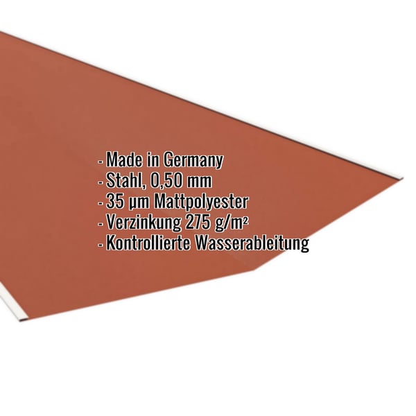 Kehlblech ziegelrot, 0,50 mm Stahl mit 35 µm Mattpolyester, Eckdaten eingeblendet