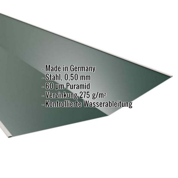 Kehlblech aus Stahl, Moosgrün RAL 6005, mit 60 µm Puramid Beschichtung, Eckdaten eingeblendet