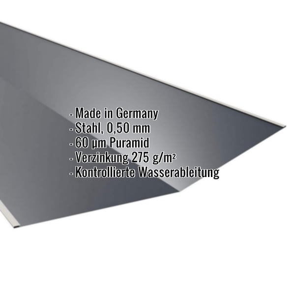Kehlblech Anthrazitgrau, 0,50 mm Stahl, 60 µm Puramid Beschichtung, mit eingeblendeten Eckdaten
