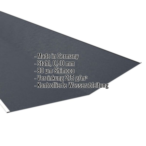 Kehlblech Anthrazitgrau RAL 7016, Stahl 0,50 mm, 80 µm Shimoco Beschichtung, mit eingeblendeten Eckdaten