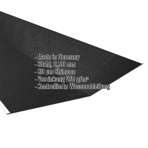Kehlblech Tiefschwarz RAL 9005, 0,50 mm Stahl, mit eingeblendeten Eckdaten zur Beschichtung und Herkunft