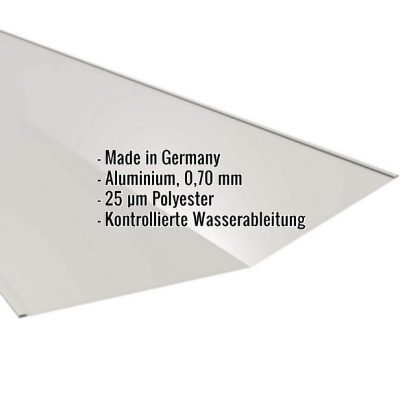 Kehlblech Aluminium 0,70 mm Weißaluminium RAL 9006 mit eingeblendeten Eckdaten Made in Germany
