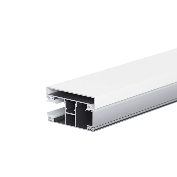 Weißer Klemmdeckel aus Aluminium auf einem DUO Profil, Schnittansicht mit Schatten